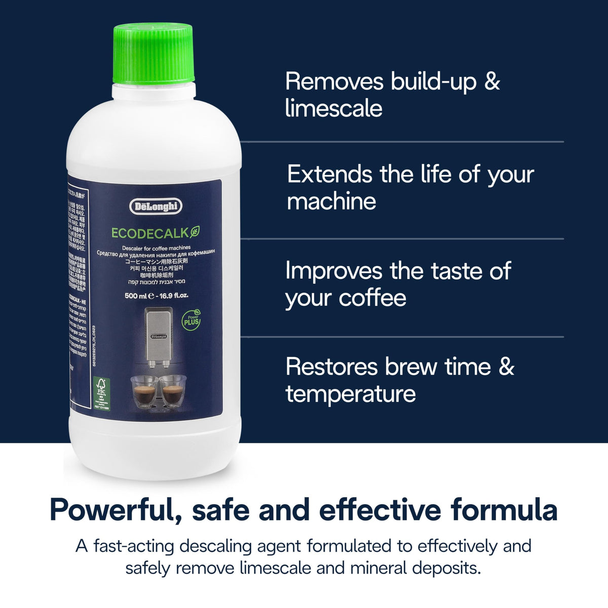 Delonghi EcoDecalk on kitchen counter ready for routine use.