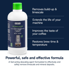 Delonghi EcoDecalk on kitchen counter ready for routine use.