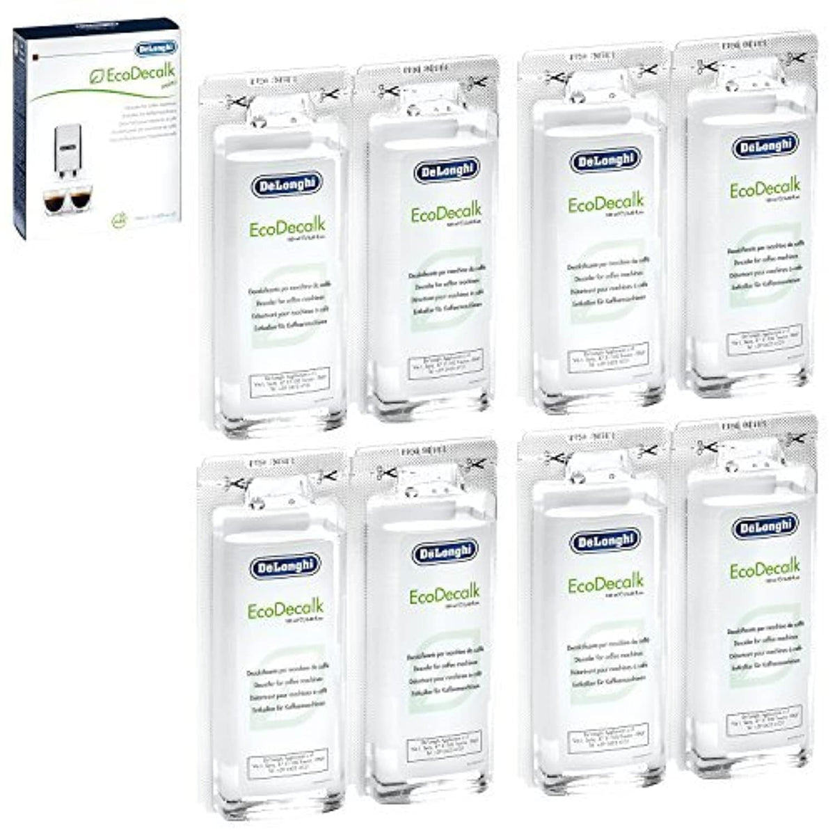 De'Longhi EcoDecalk sachets in an 8-pack for easy descaling of coffee machines