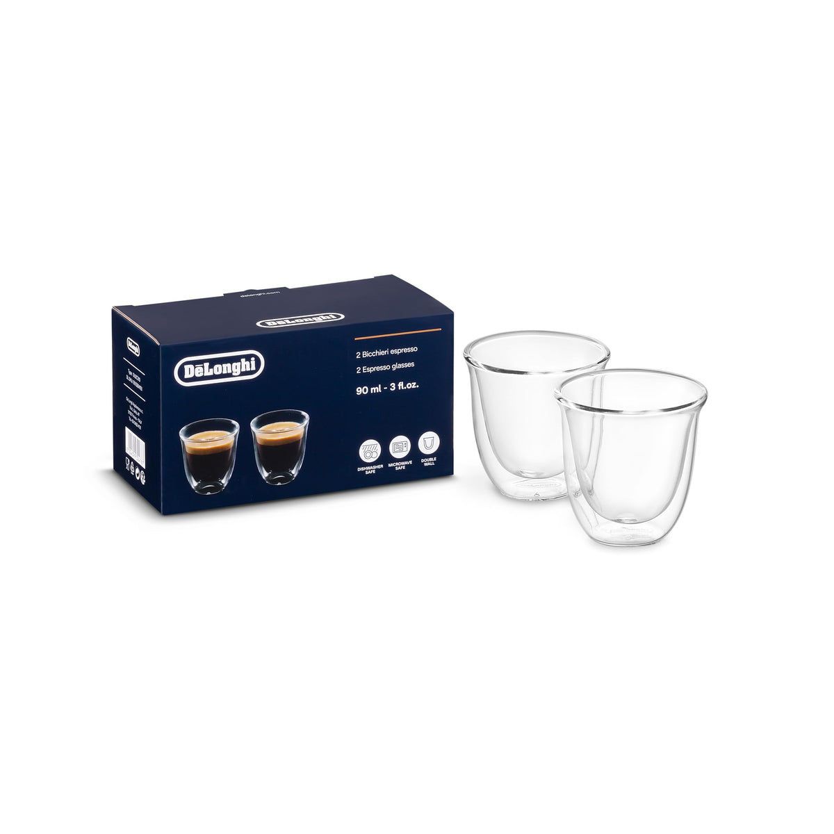 Delonghi 3oz double-wall thermal espresso glasses keep heat while remaining cool to touch