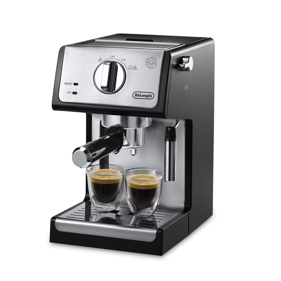 De'Longhi espresso machine front view showing compact design for easy countertop use