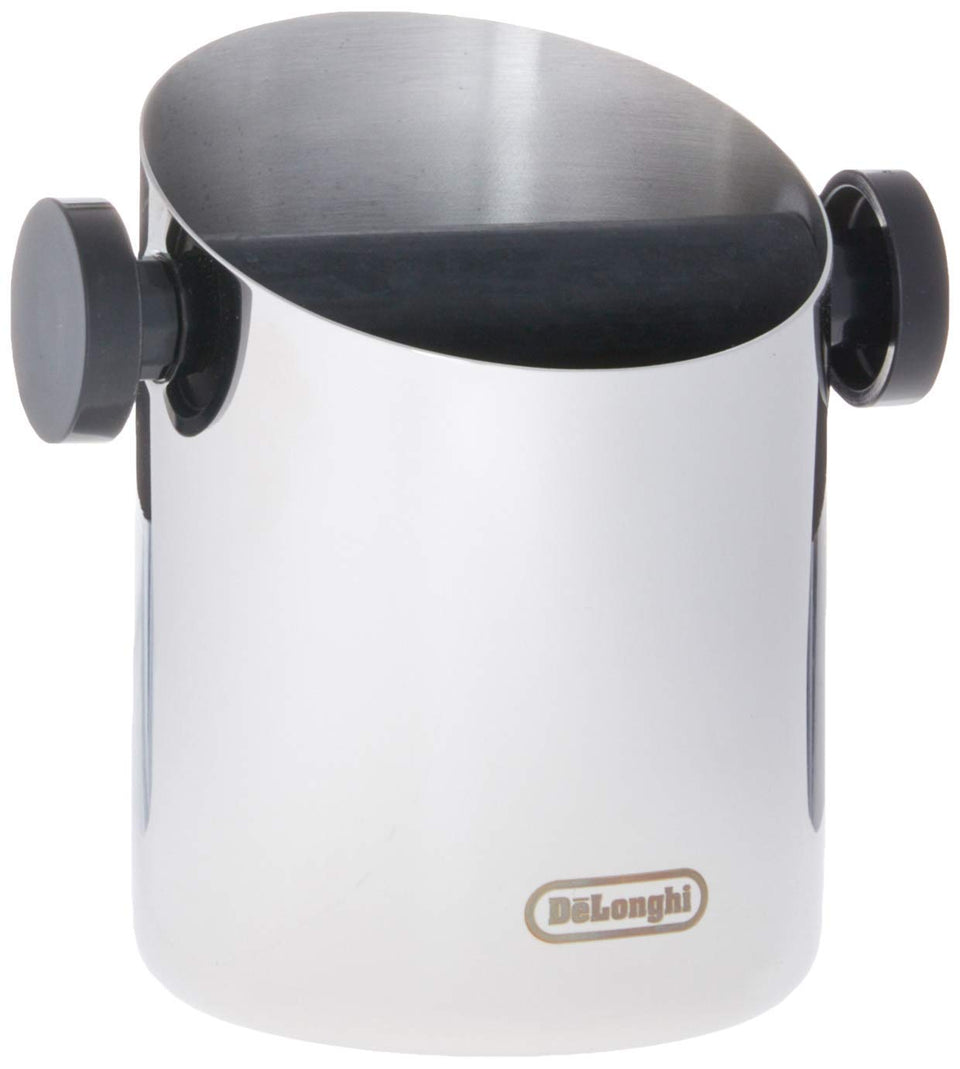 De'Longhi knock box with polished stainless steel for mess-free coffee puck disposal.