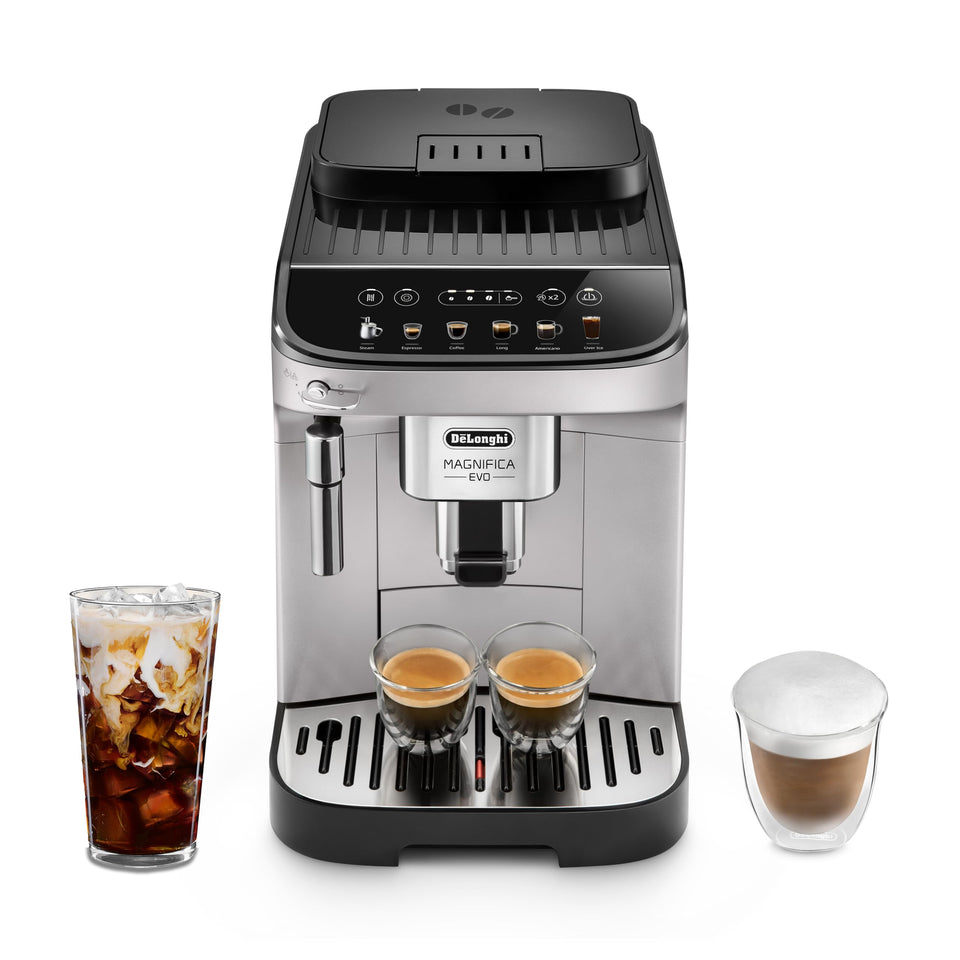 De'Longhi Magnifica Evo bean grinder close-up for fresh espresso and aroma