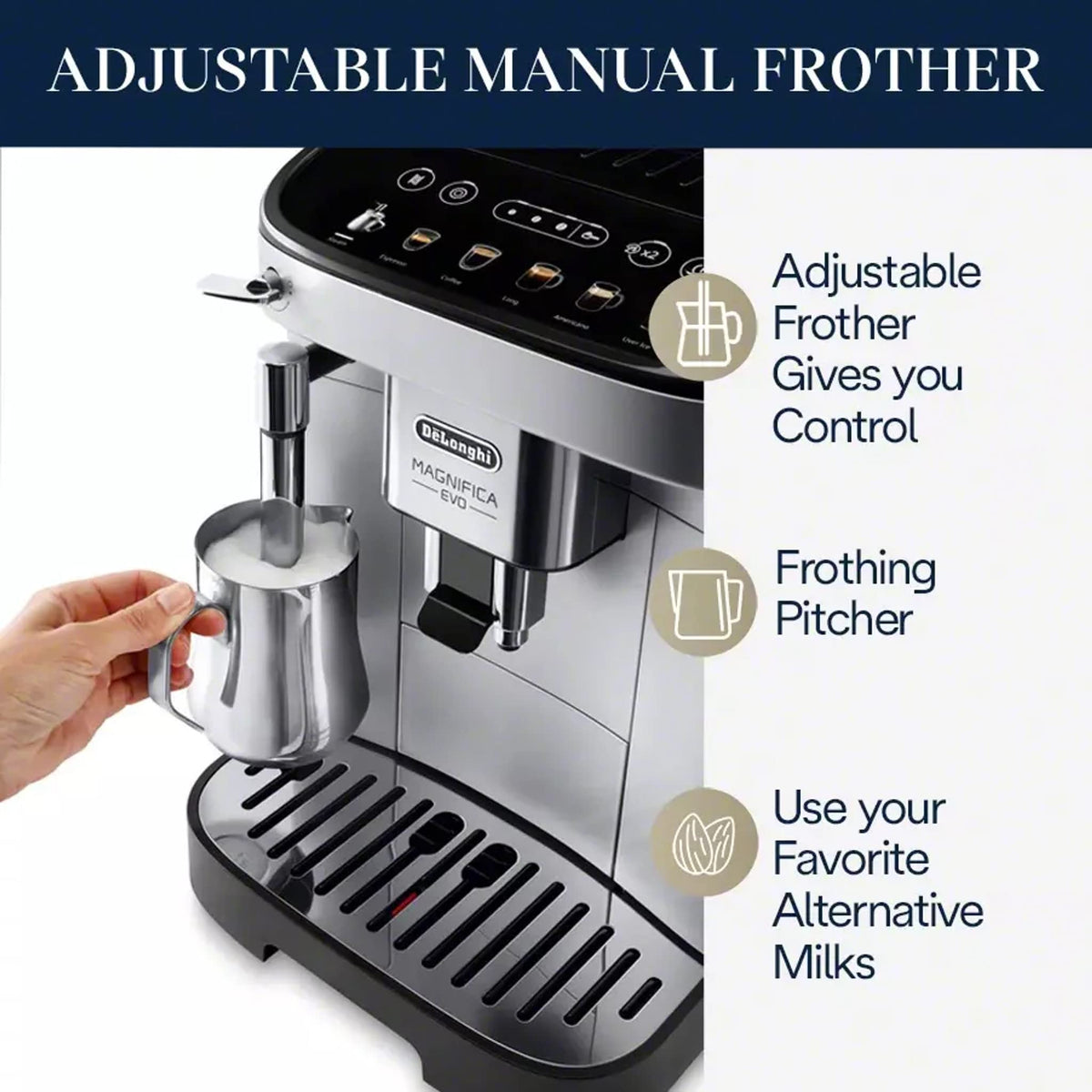 De'Longhi Magnifica Evo brew unit delivering precise grind and brew