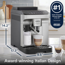 Magnifica Evo with coffee cup setup showing quick beverage options.