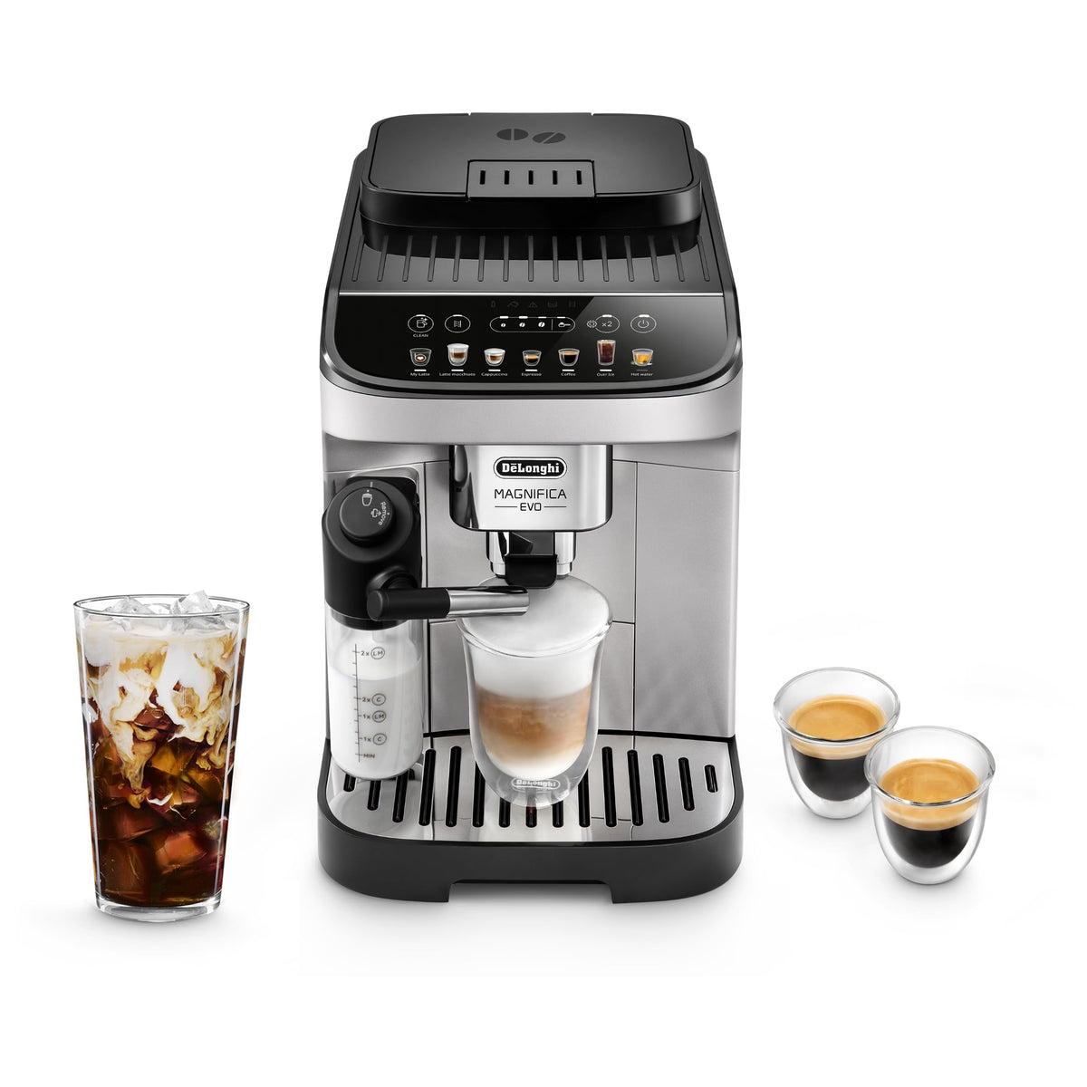 De'Longhi Magnifica Evo front view in silver for a stylish countertop setup.