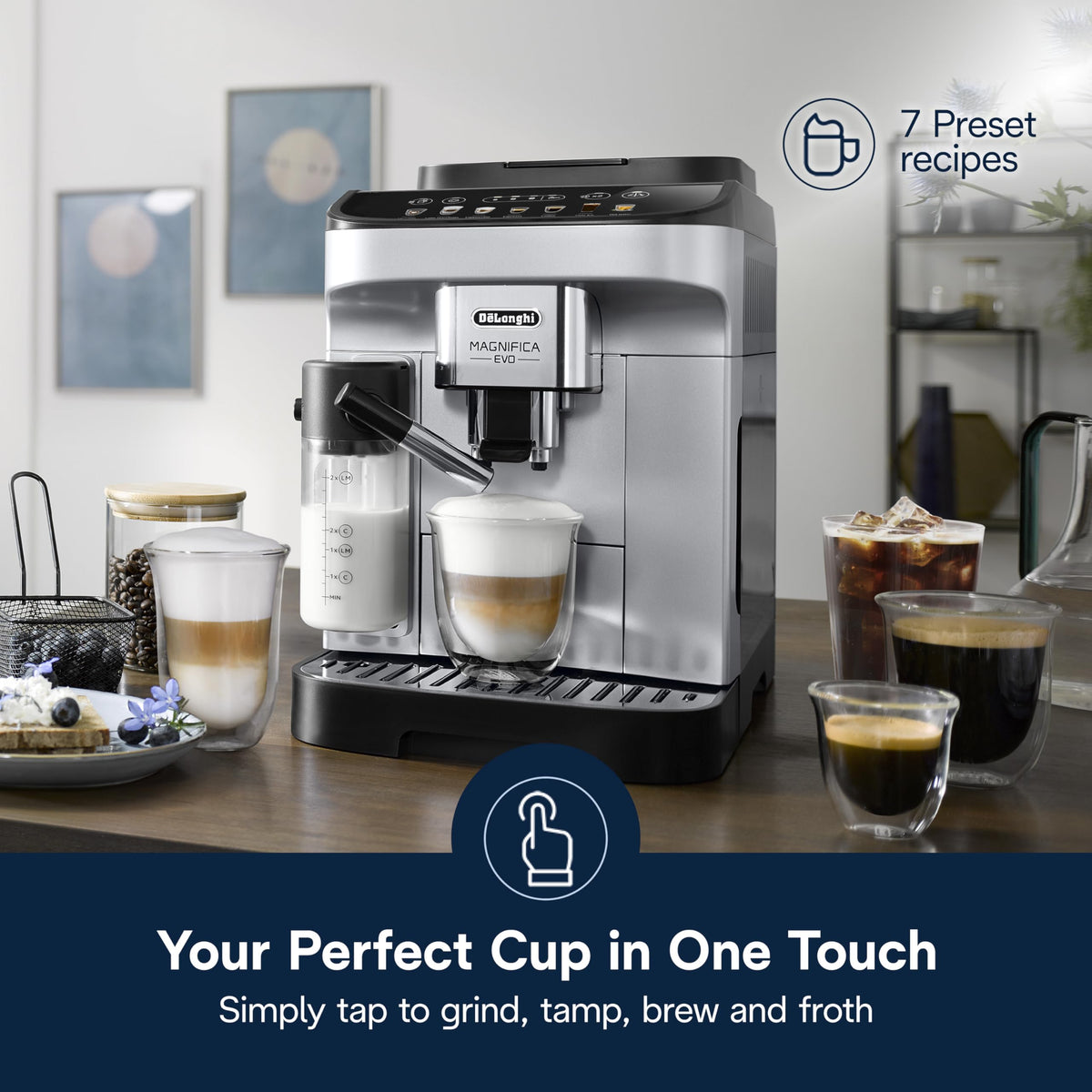 LatteCrema system on Magnifica Evo pouring silky milk foam.