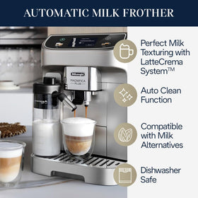 De'Longhi Magnifica Plus built-in grinder delivering fresh espresso at home