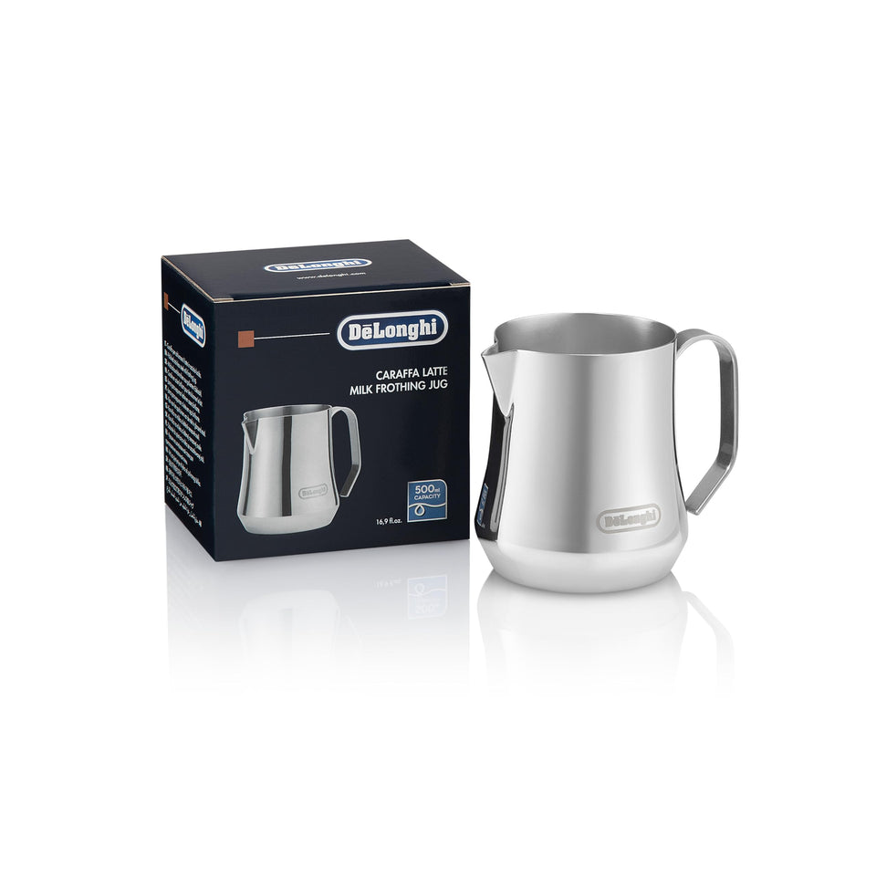 De'Longhi milk frothing pitcher with a precision pour spout for latte art.