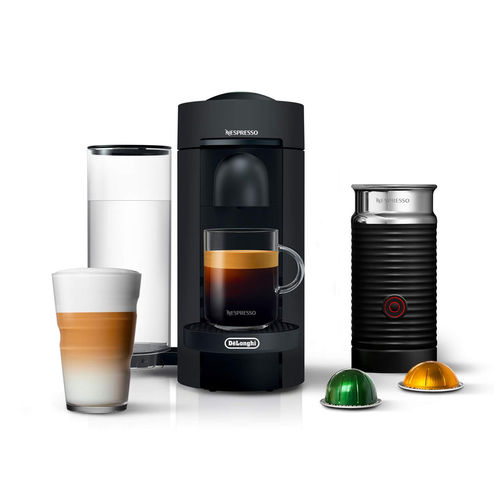 De'Longhi Nespresso VertuoPlus Deluxe front view in matte black for a sleek kitchen setup.