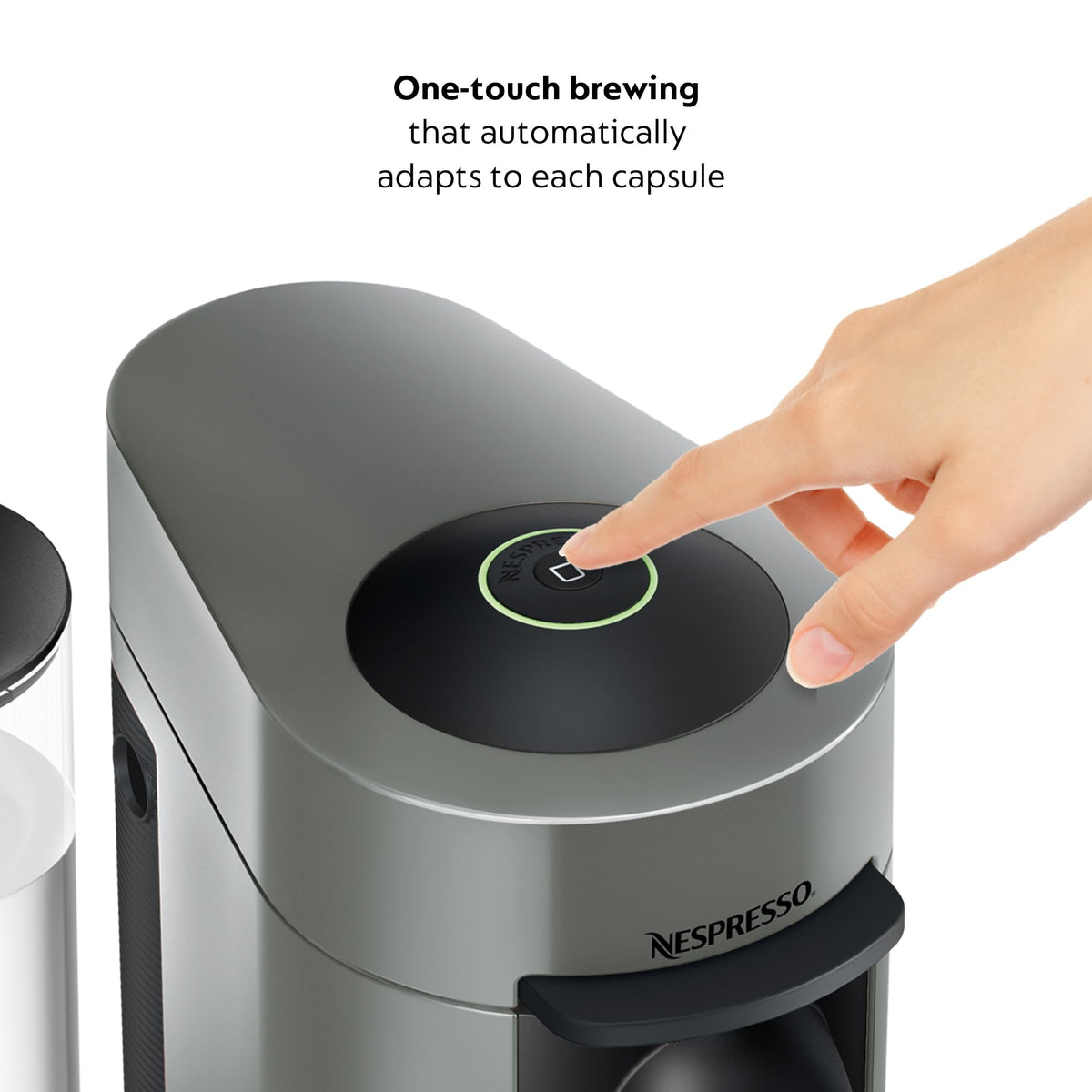 Delonghi VertuoPlus grey side panel demonstrates compact footprint for small kitchens.