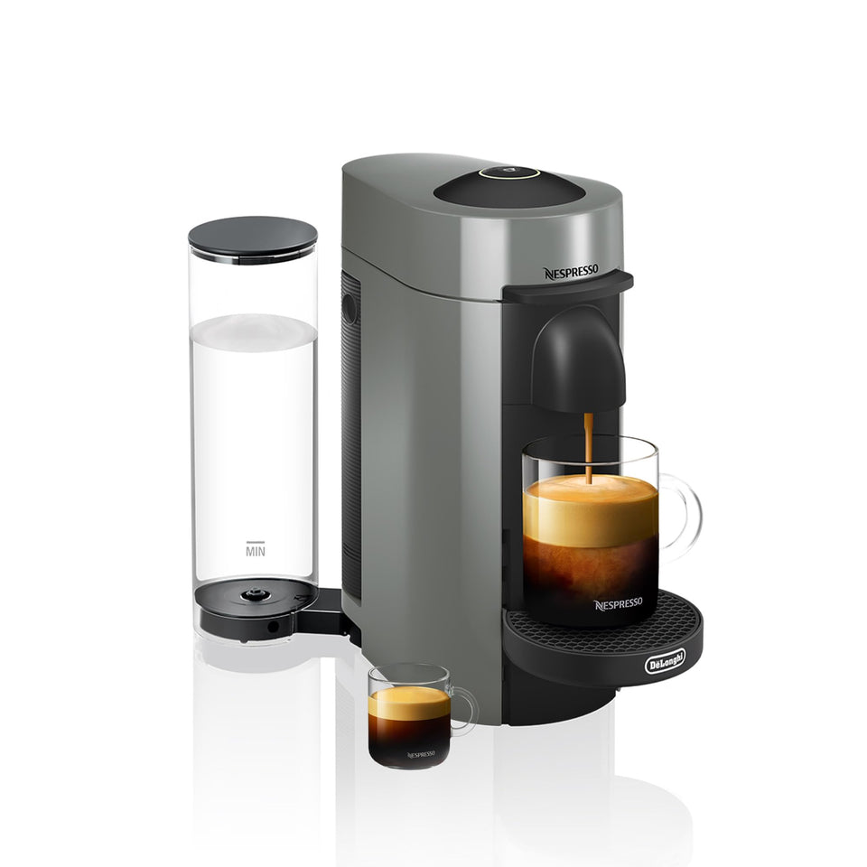 De'Longhi VertuoPlus Grey front view shows compact, stylish design and intuitive controls.