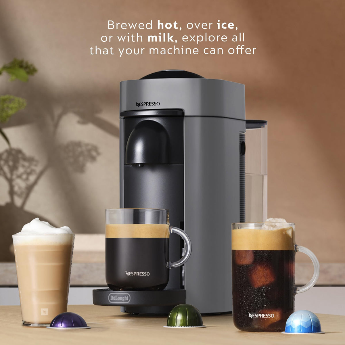 De'Longhi VertuoPlus grey control panel enables effortless one-touch brewing.