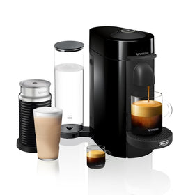 De'Longhi Nespresso VertuoPlus front view in ink black highlighting compact design for kitchens