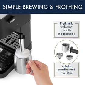 De'Longhi Stilosa steam wand froths milk for lattes and cappuccinos.