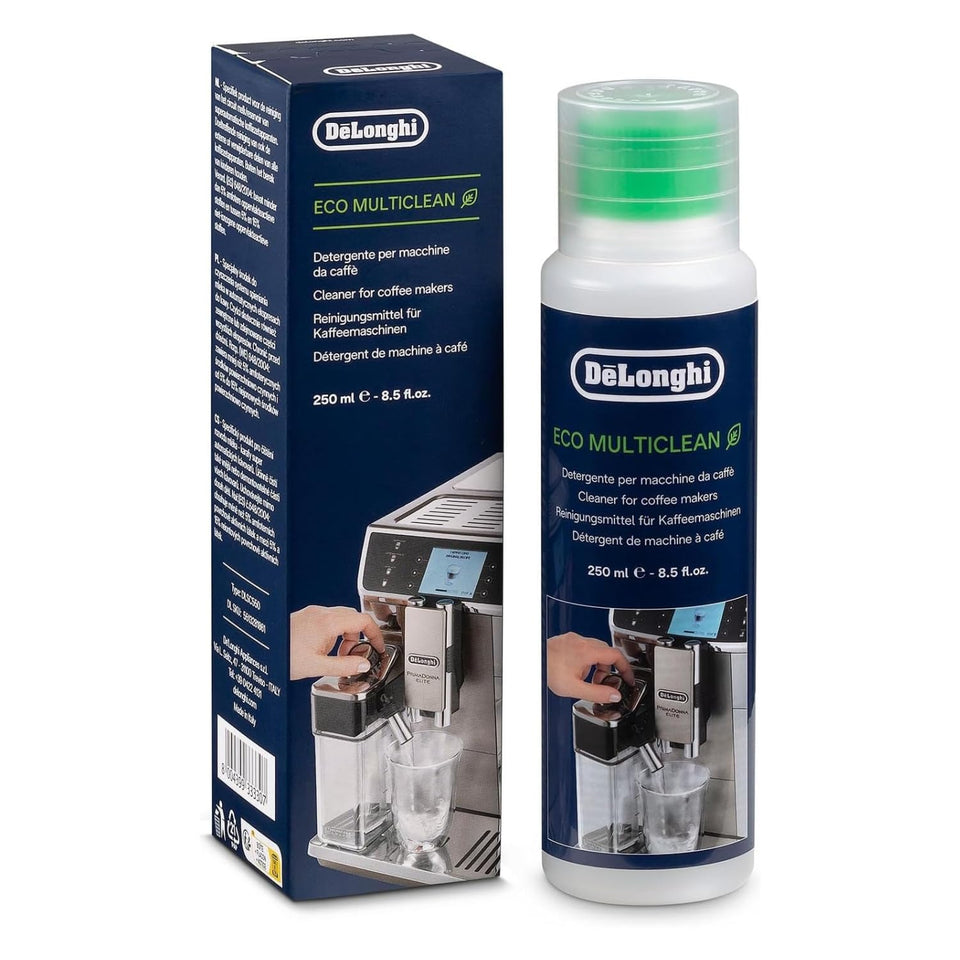 Delonghi universal espresso cleaner bottle pour reduces milk residue for quick upkeep.