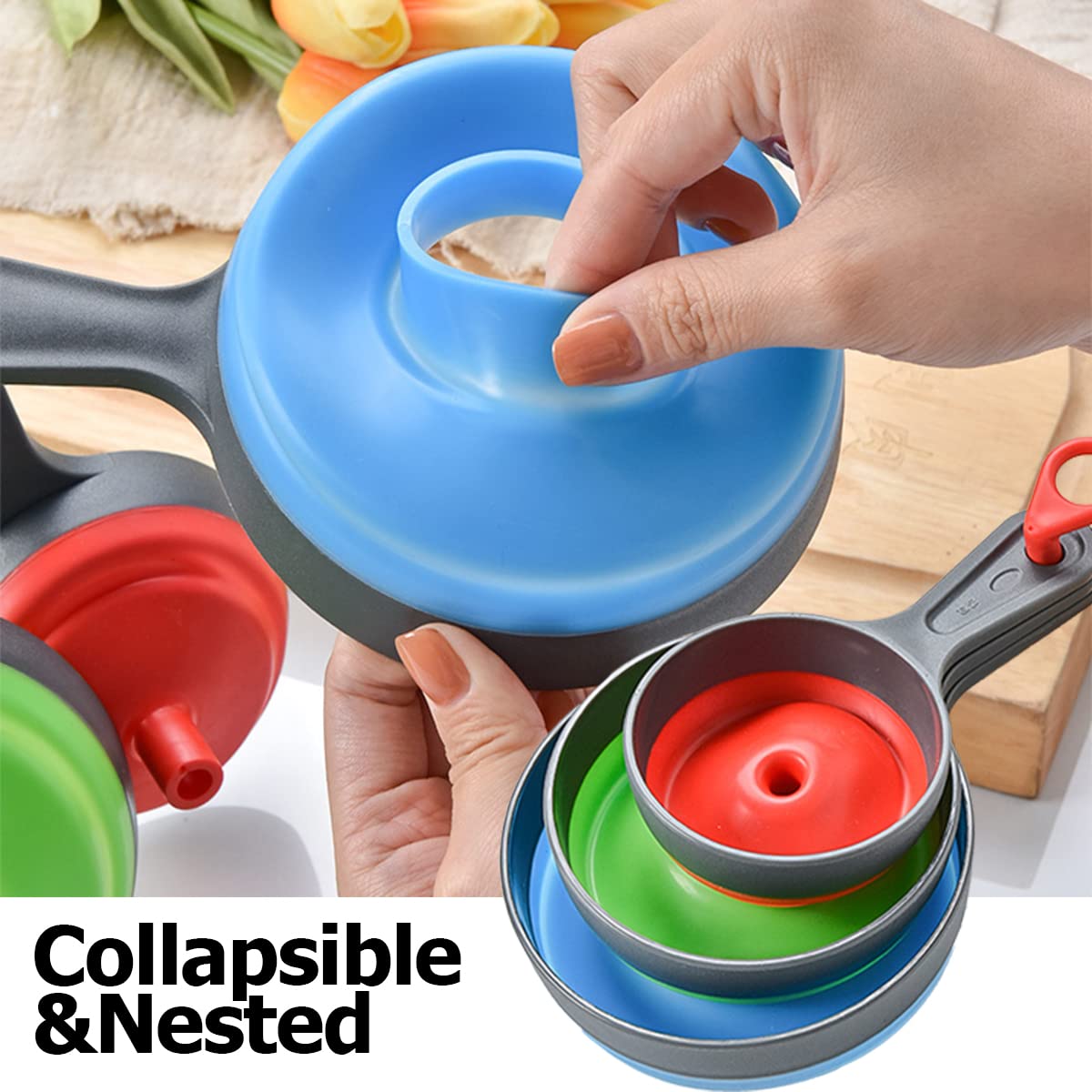 Delove medium funnel size fits mason jars and condiment bottles.