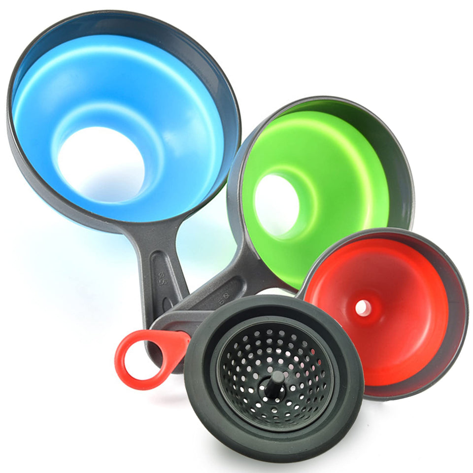 Delove Canning Funnel Set overview with four silicone funnels and umbrella strainer for versatile kitchen use.
