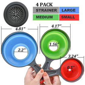 Delove umbrella strainer paired with funnels for easy residue removal during liquid transfers.