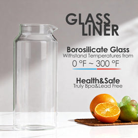 Delove pitcher features double-ear lid that blocks dust and doubles as a filter.