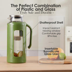 Delove glass pitcher with shatterproof shell offers durable, safe daily use.