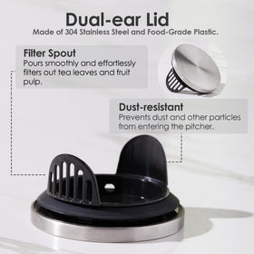 Delove pitcher two-ear lid doubles as a filter for fruit slices and infusions.