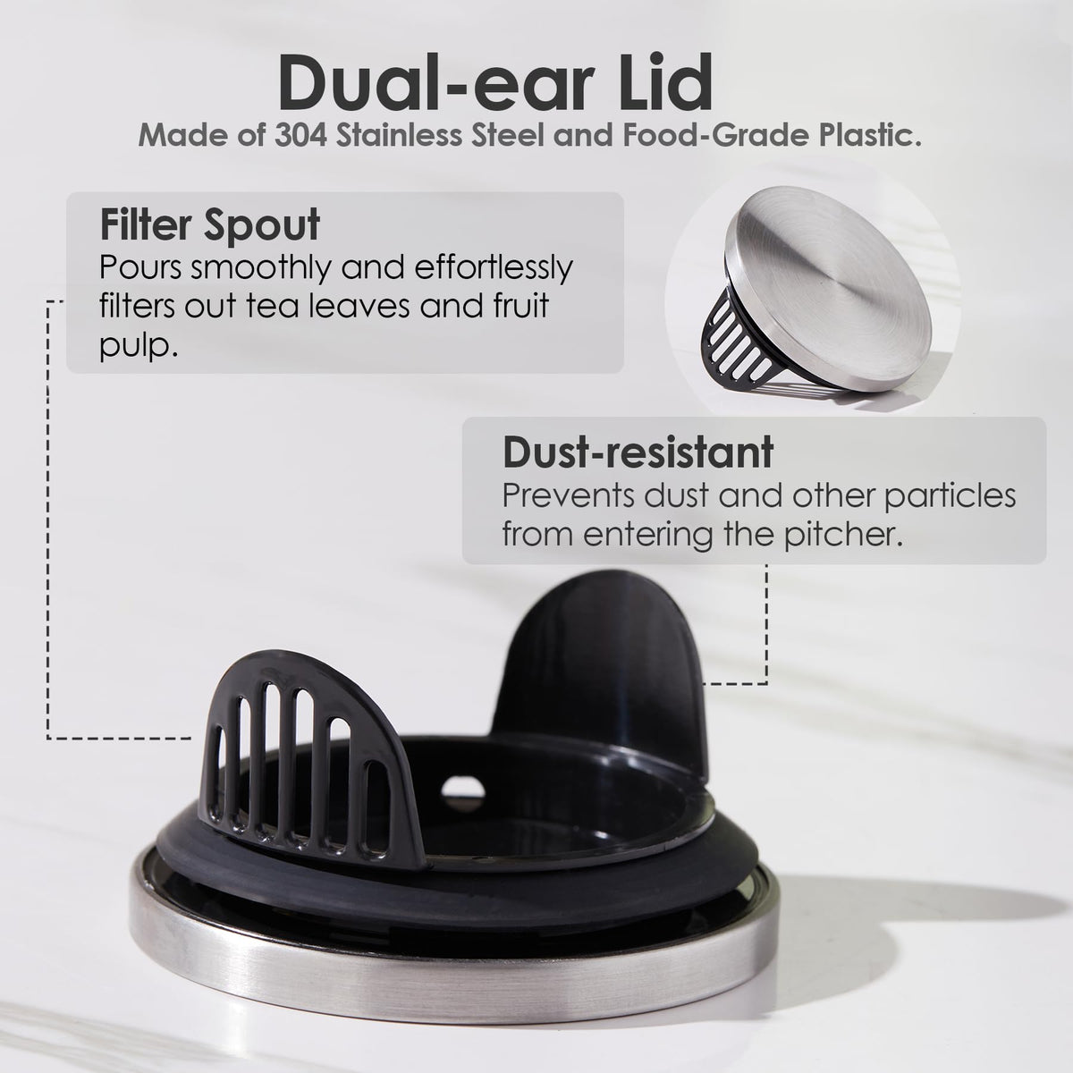 Delove pitcher with wide opening enables easy cleaning and filling.