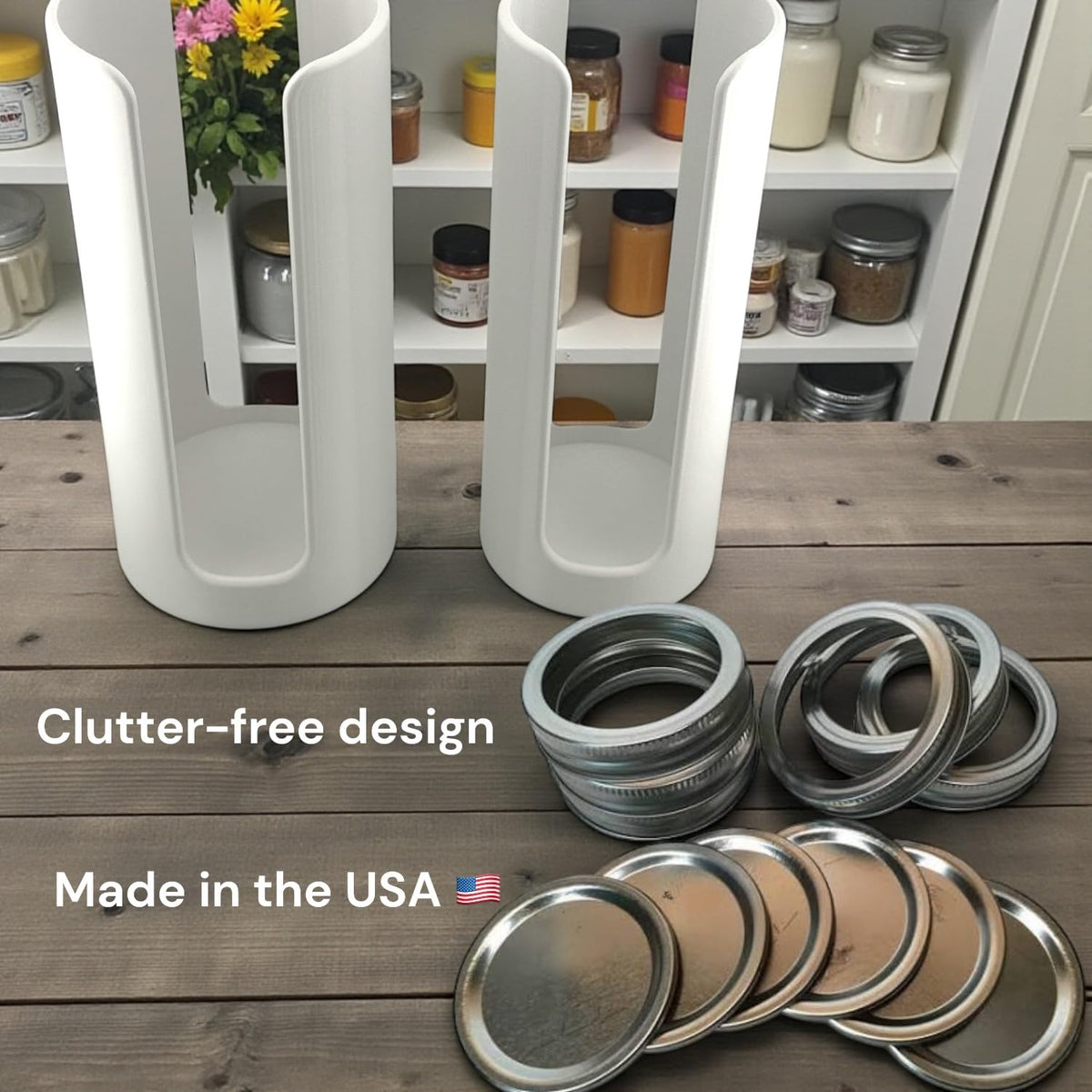 Delta Loom Mason Jar Lid Organizer on countertop keeps lids secure and organized.
