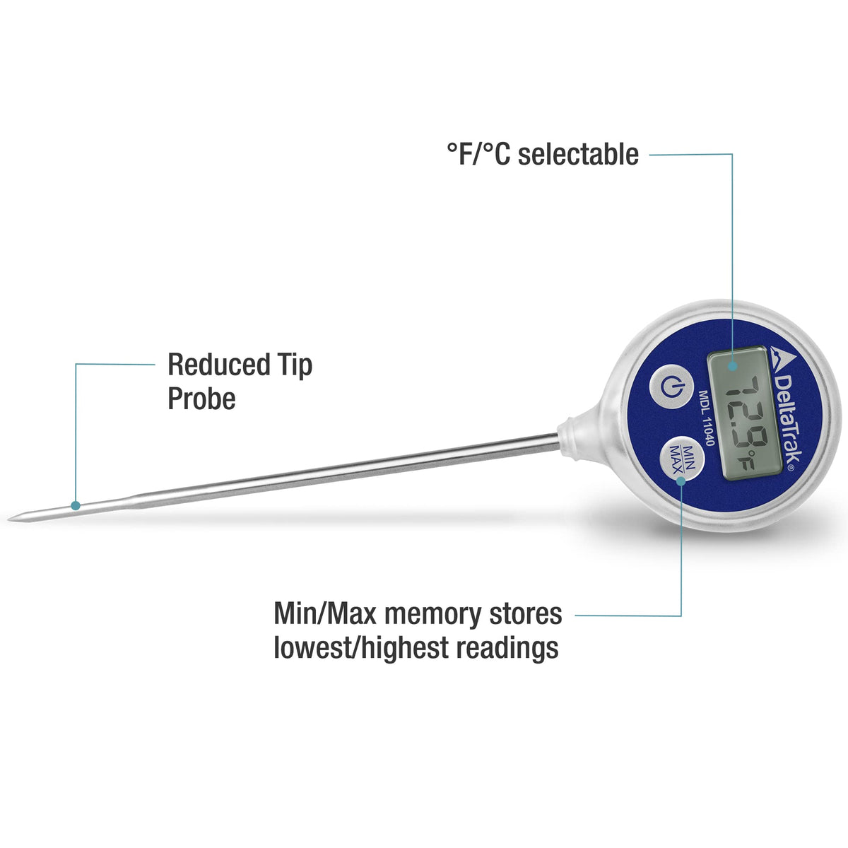 DeltaTrak 11040 waterproof thermometer displaying quick readout during cleaning