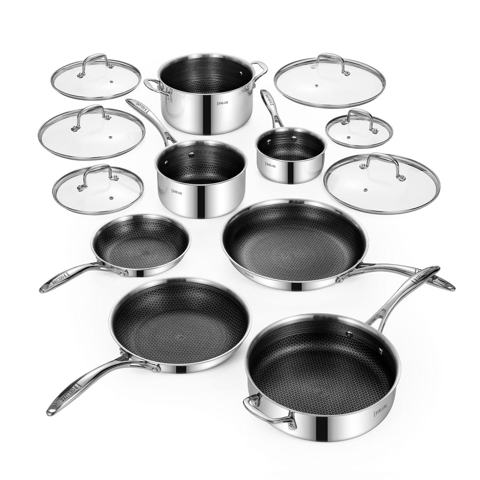 DELUXE 13-piece hybrid cookware with even heat distribution for consistent results