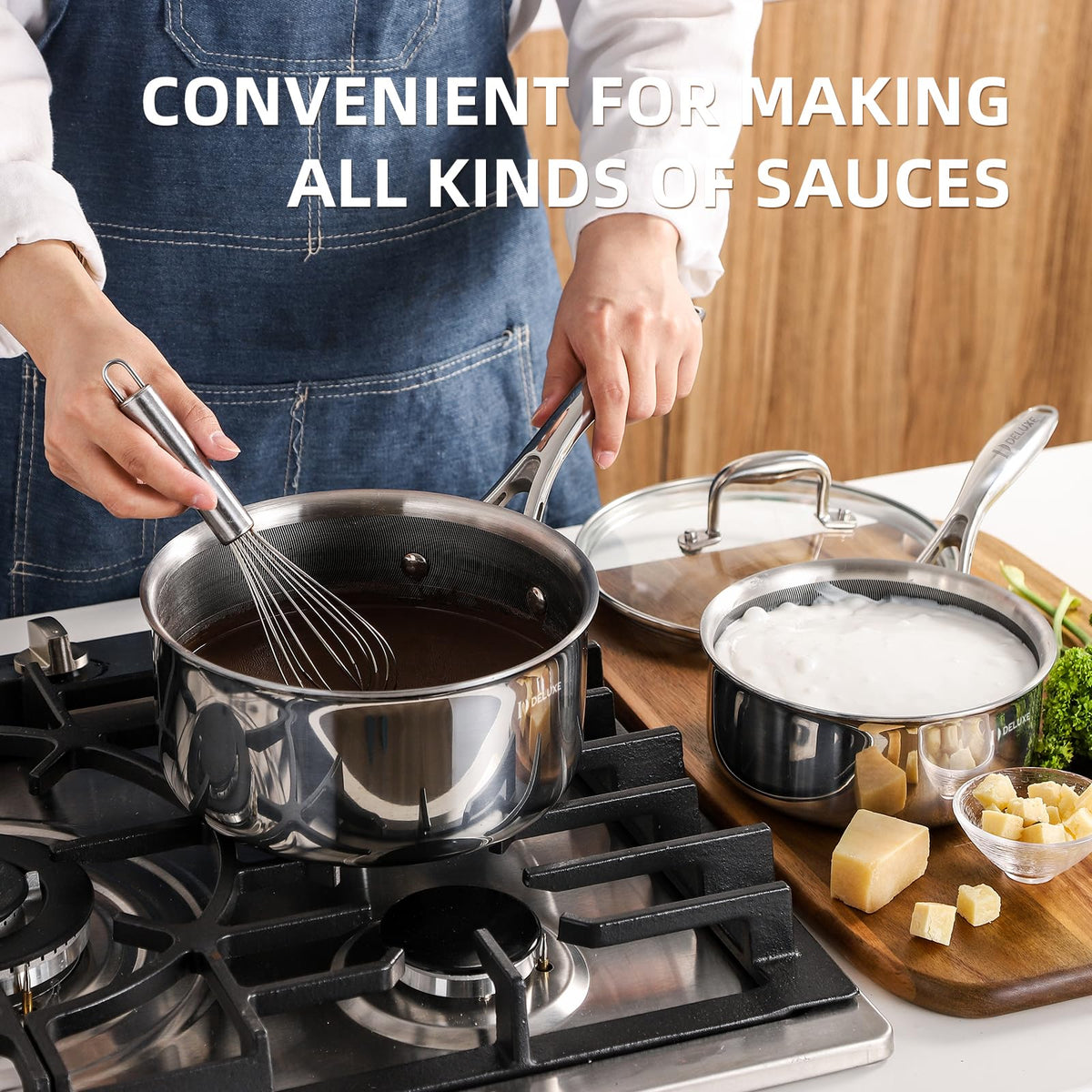 DELUXE tempered glass lids to monitor cooking without lifting