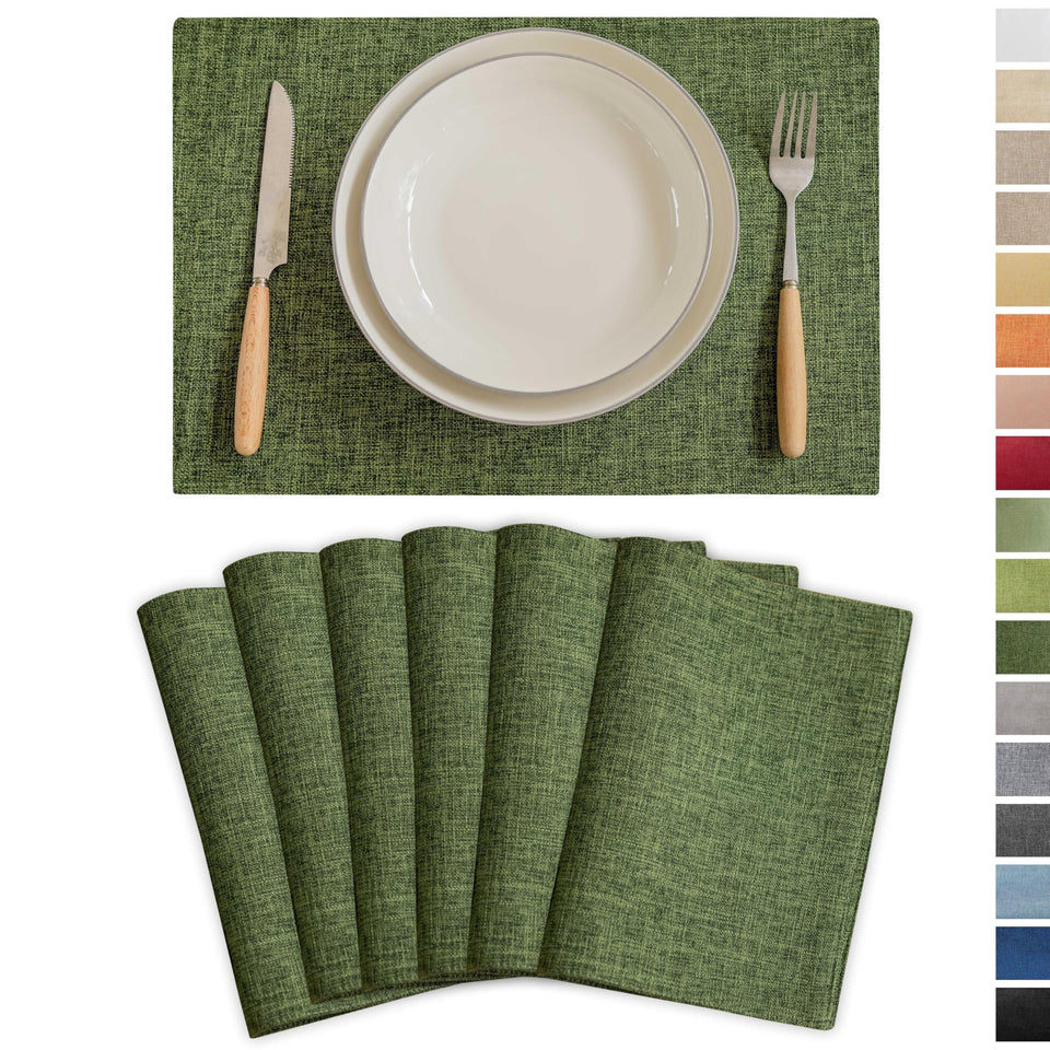 Demetex Green placemats set of 6 neatly stacked on a dining table for everyday protection.