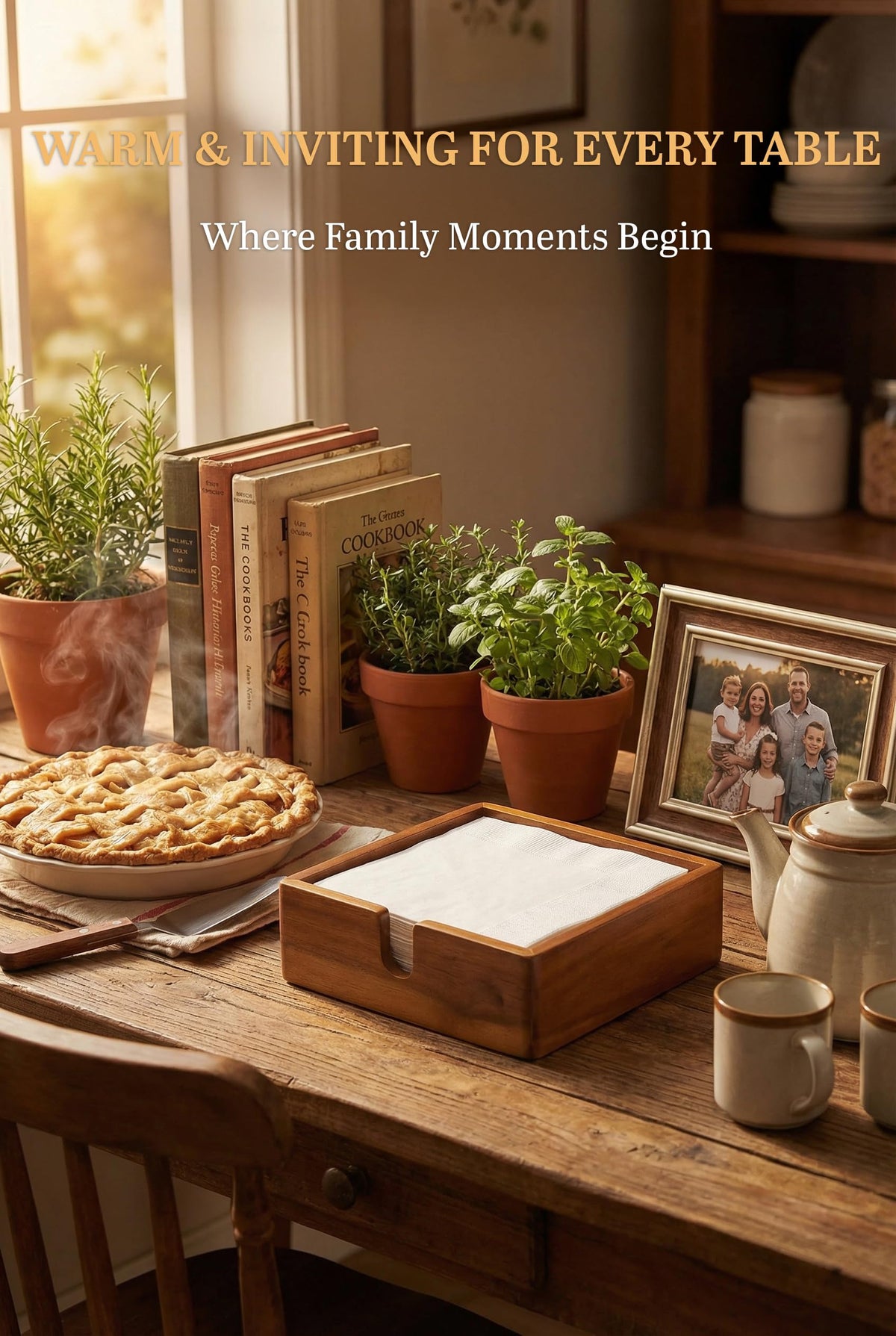 Demigo Acacia Napkin Holder countertop placement with easy refill