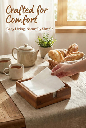 Demigo Acacia Napkin Holder on a dining set highlights natural wood grain
