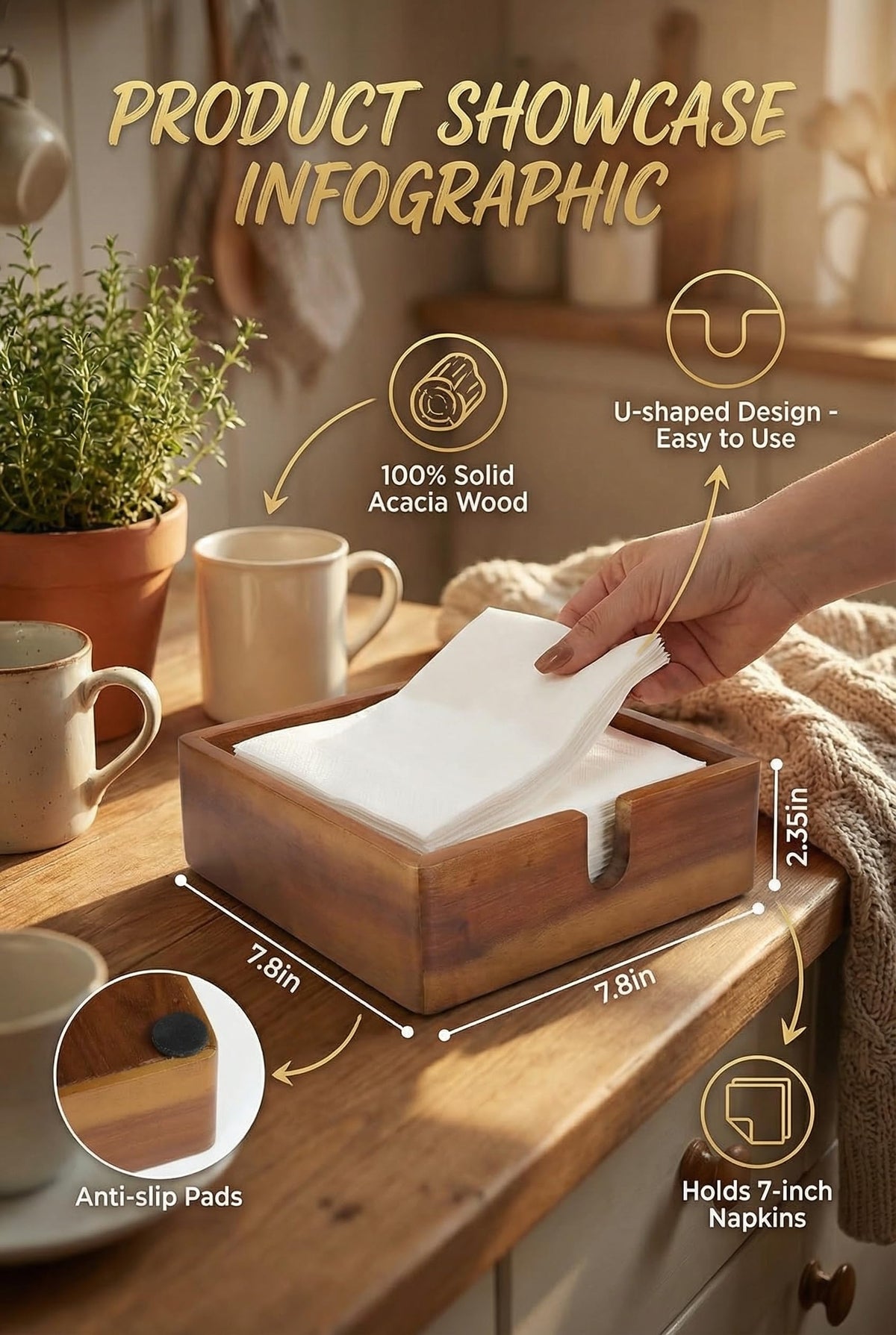 Demigo Acacia Napkin Holder side profile on a table with compact footprint