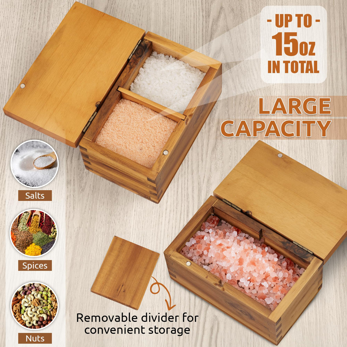 Demigo acacia salt cellar lid swivels smoothly for one-handed access