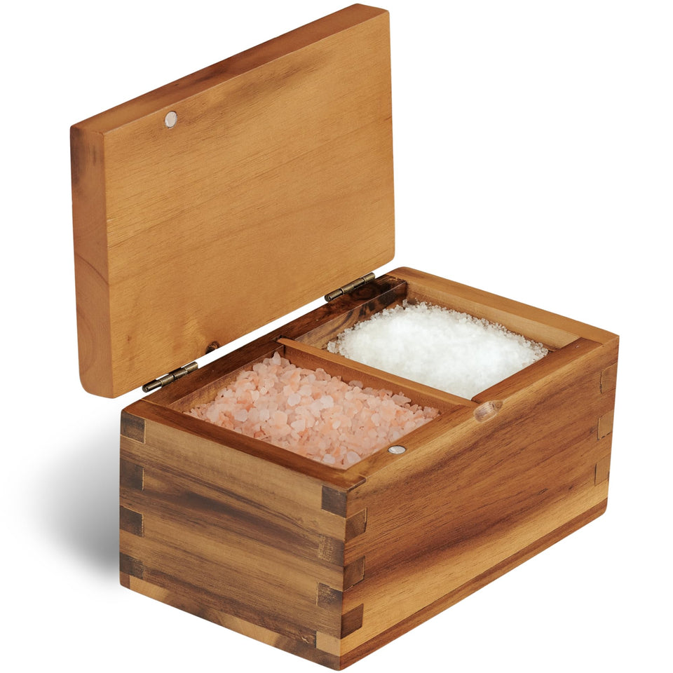 Demigo acacia salt cellar with magnetic lid on countertop for easy access