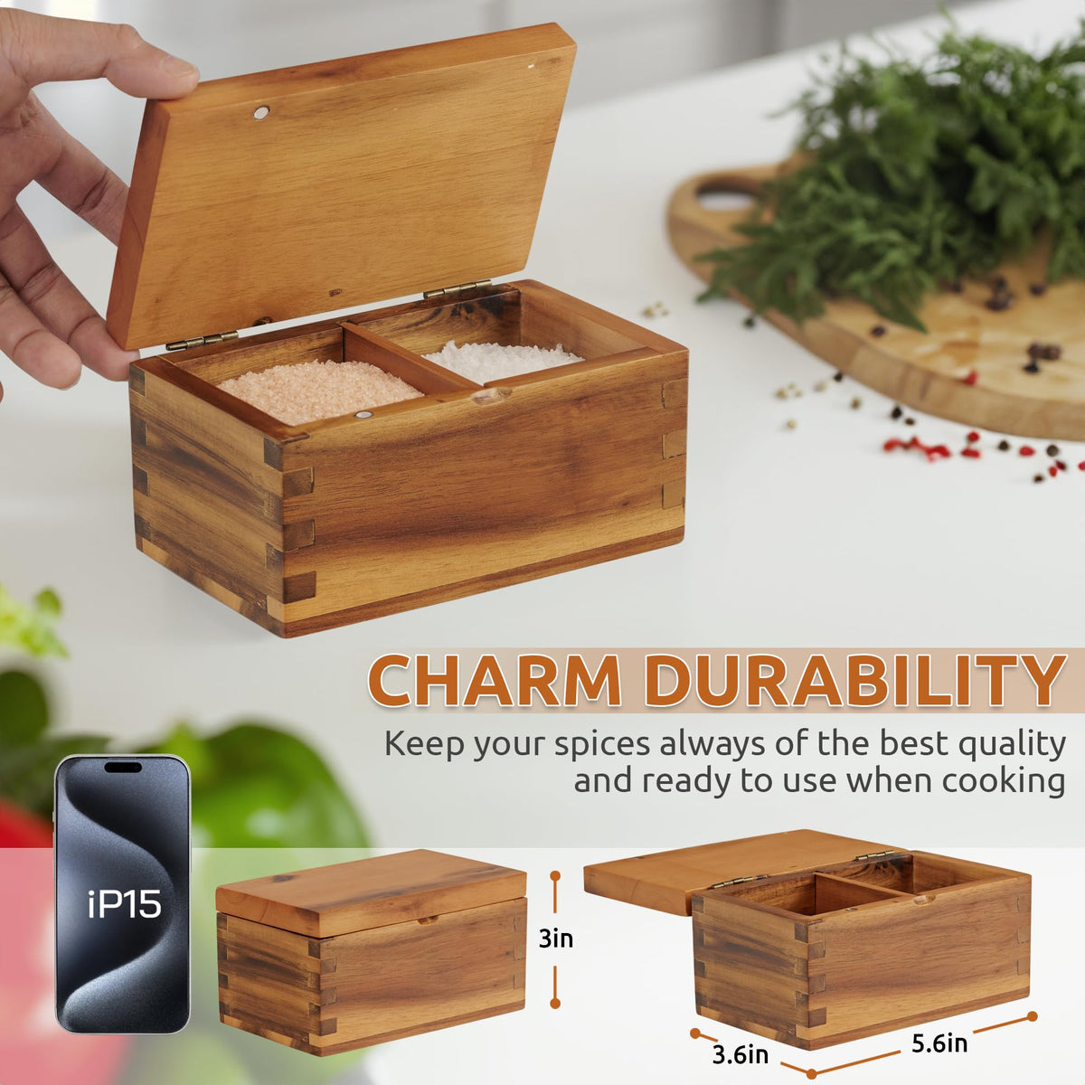 Demigo acacia salt cellar open view shows 20 oz capacity