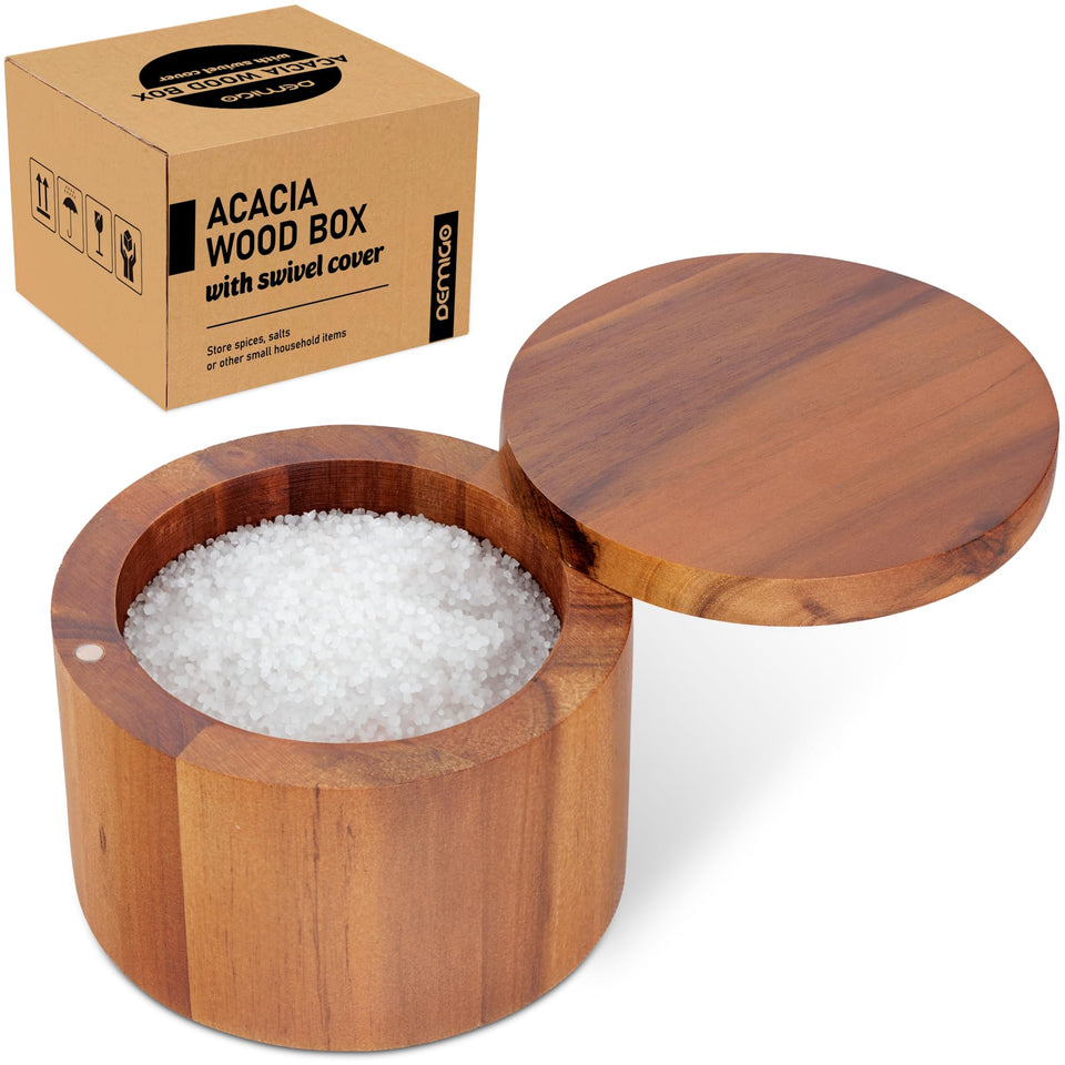 Demigo Acacia Salt Cellar with swivel lid shows warm wood grain for stylish kitchen storage.