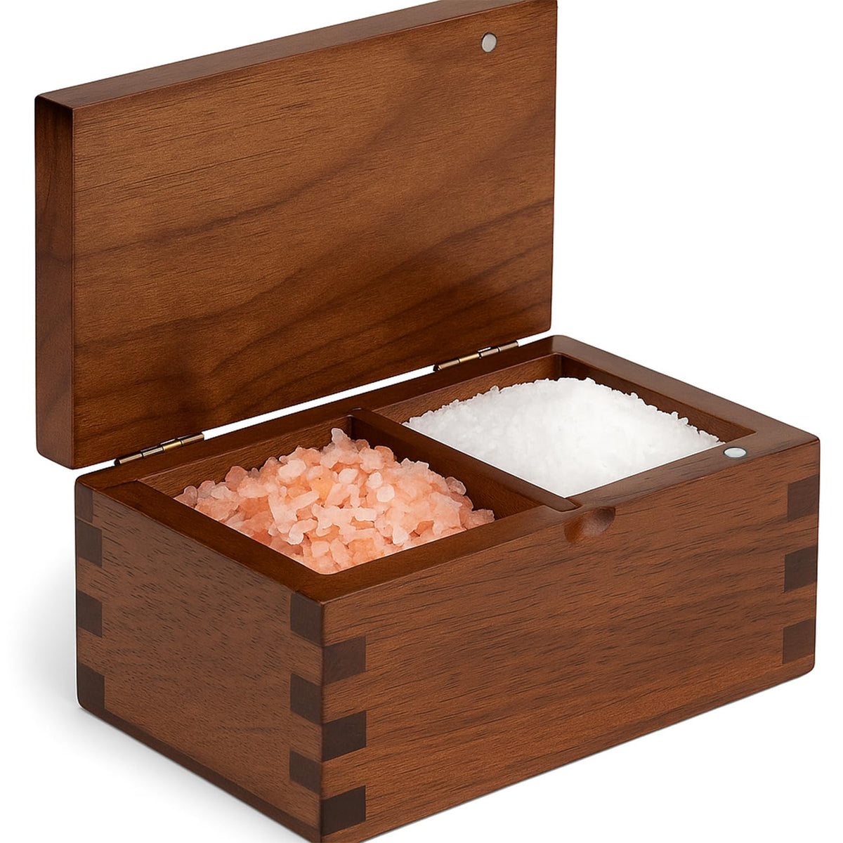 Demigo salt cellar in dark acacia with close-up finish keeping salt fresh on the counter