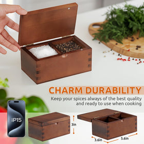 Demigo acacia salt cellar with magnet lid demonstrates easy one-handed use