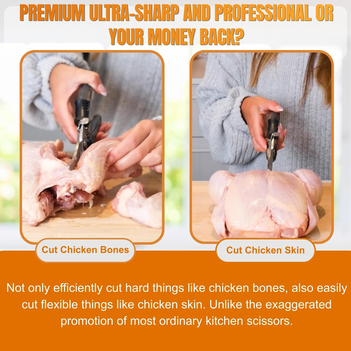 Demzit poultry shears heavy-duty design handles bones and cartilage.