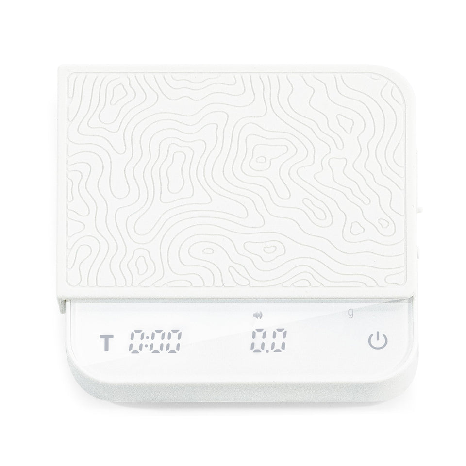 DeNestora Mini Coffee Scale with Timer front view on a compact countertop for space-saving brewing.