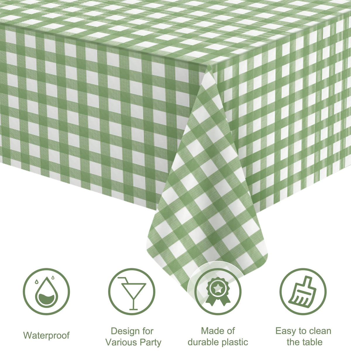 Denwiller 54x108 inch sage green gingham tablecloth on a large table