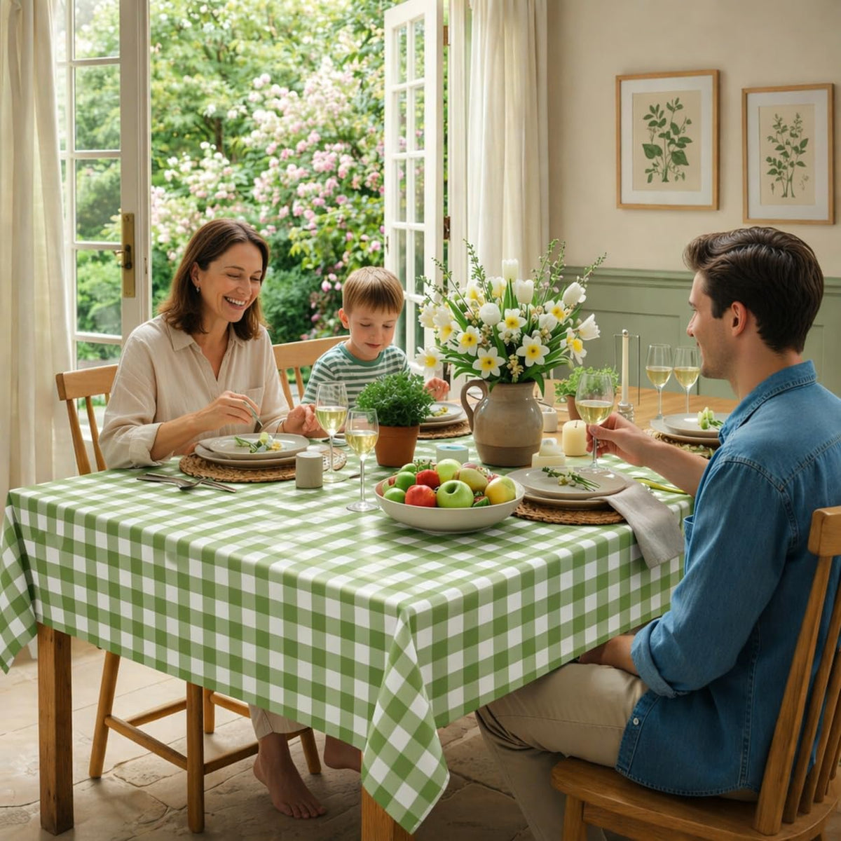 Denwiller sage green gingham tablecloth on baby shower table for rustic charm
