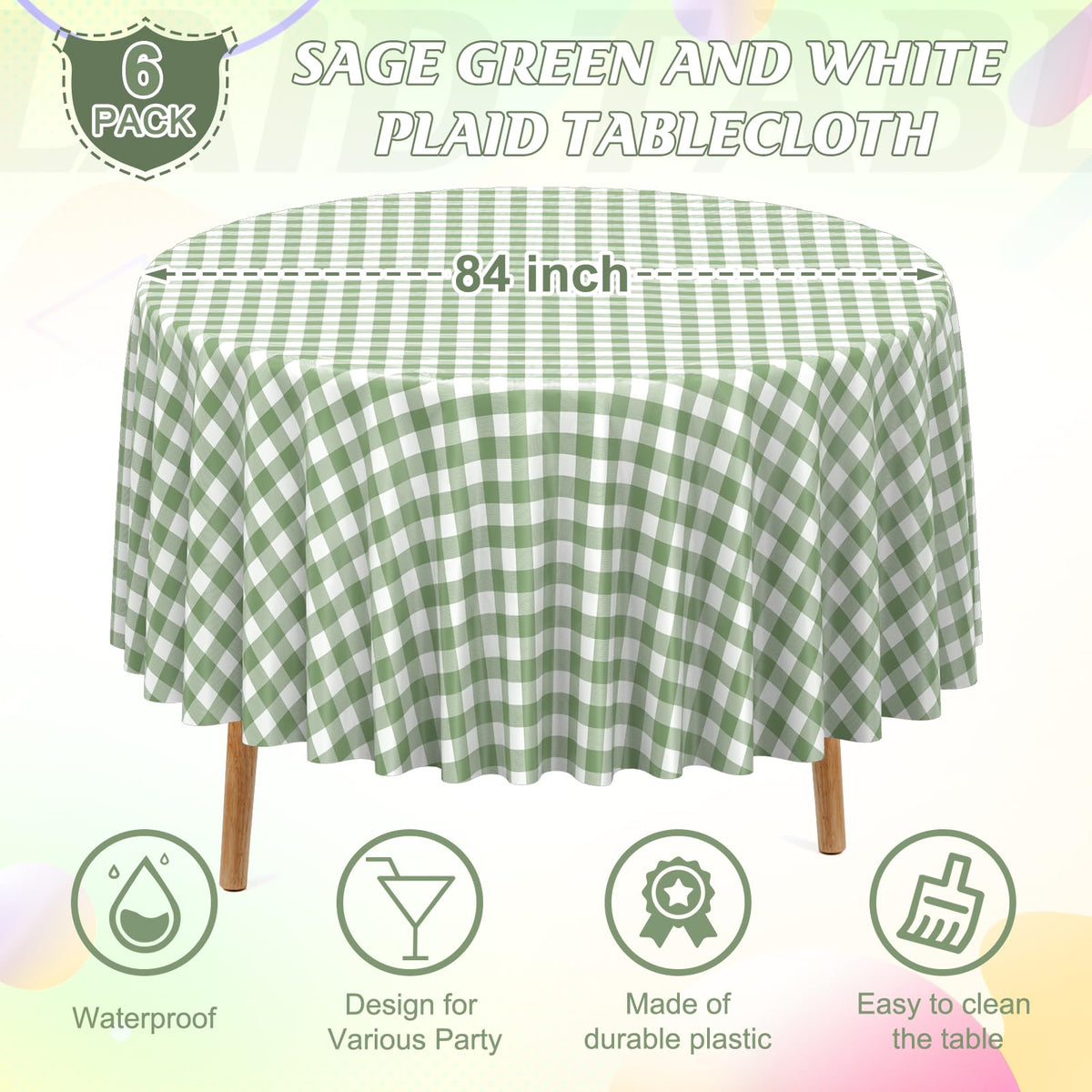 Denwiller round 84-inch tablecloth on table for full coverage at gatherings.