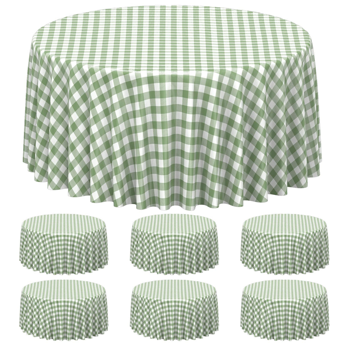 Denwiller sage green gingham tablecloth 6-pack, ideal for coordinated event decor.