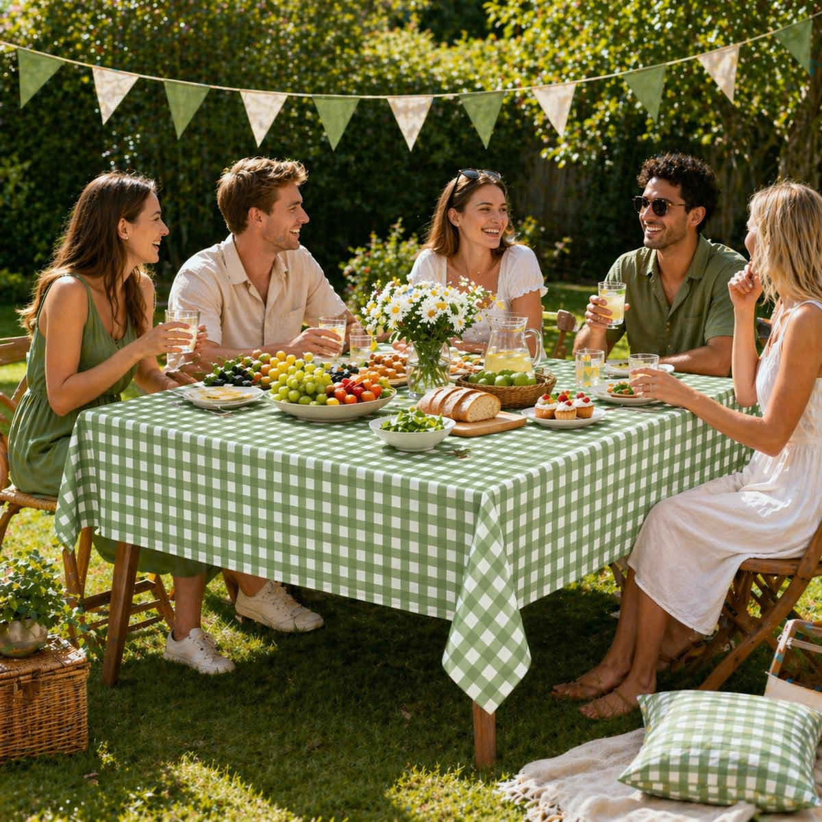 Denwiller sage green gingham tablecloth used as a stylish runner
