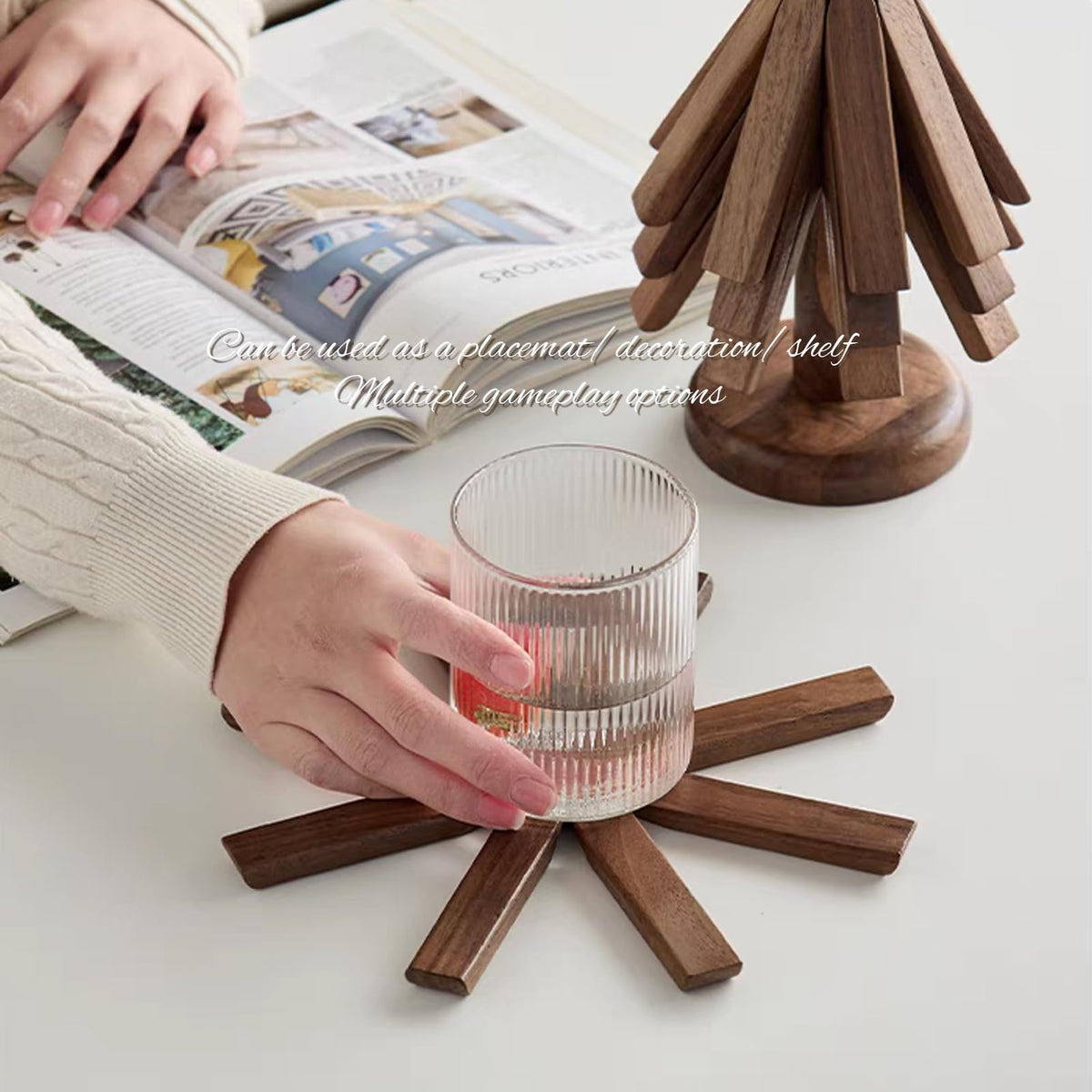 DEOLD walnut-toned trivet complements cookware and kitchen decor.
