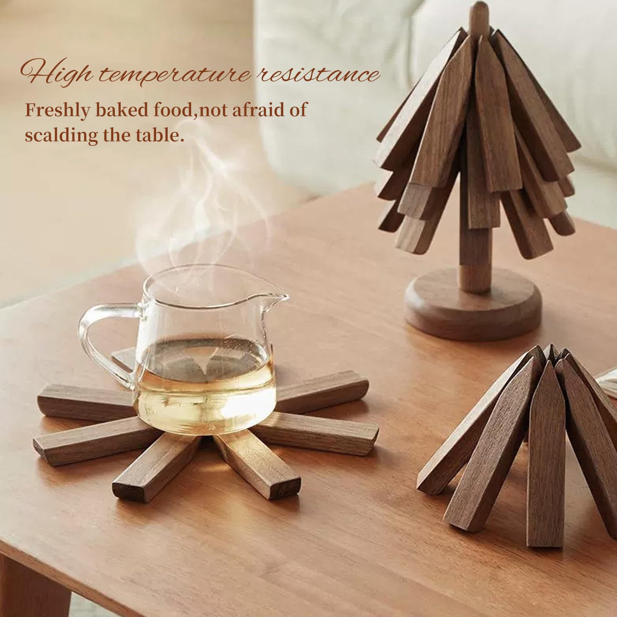 DEOLD wooden pinwheel-coaster in use supports hot pots safely.